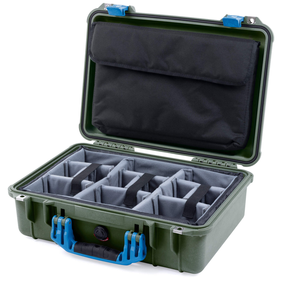 Pelican 1500 Case, OD Green with Blue Handle &amp; Latches Gray Padded Microfiber Dividers with Computer Pouch ColorCase 015000-0270-130-120