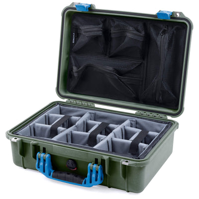 Pelican 1500 Case, OD Green with Blue Handle & Latches Gray Padded Microfiber Dividers with Mesh Lid Organizer ColorCase 015000-0170-130-120