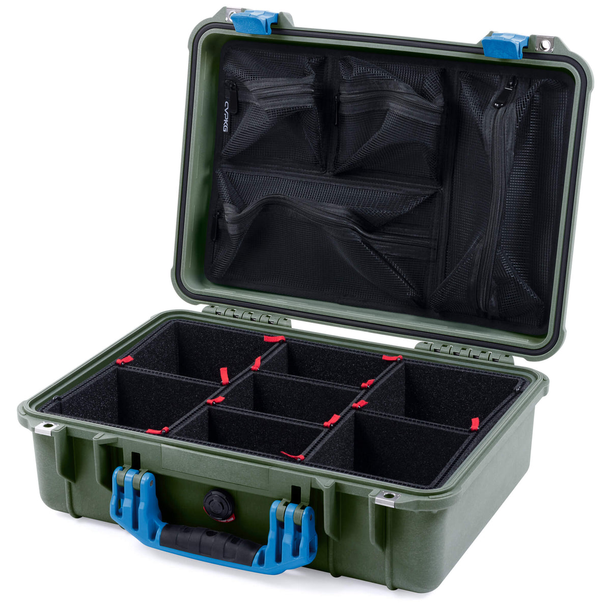 Pelican 1500 Case, OD Green with Blue Handle &amp; Latches TrekPak Divider System with Mesh Lid Organizer ColorCase 015000-0120-130-120