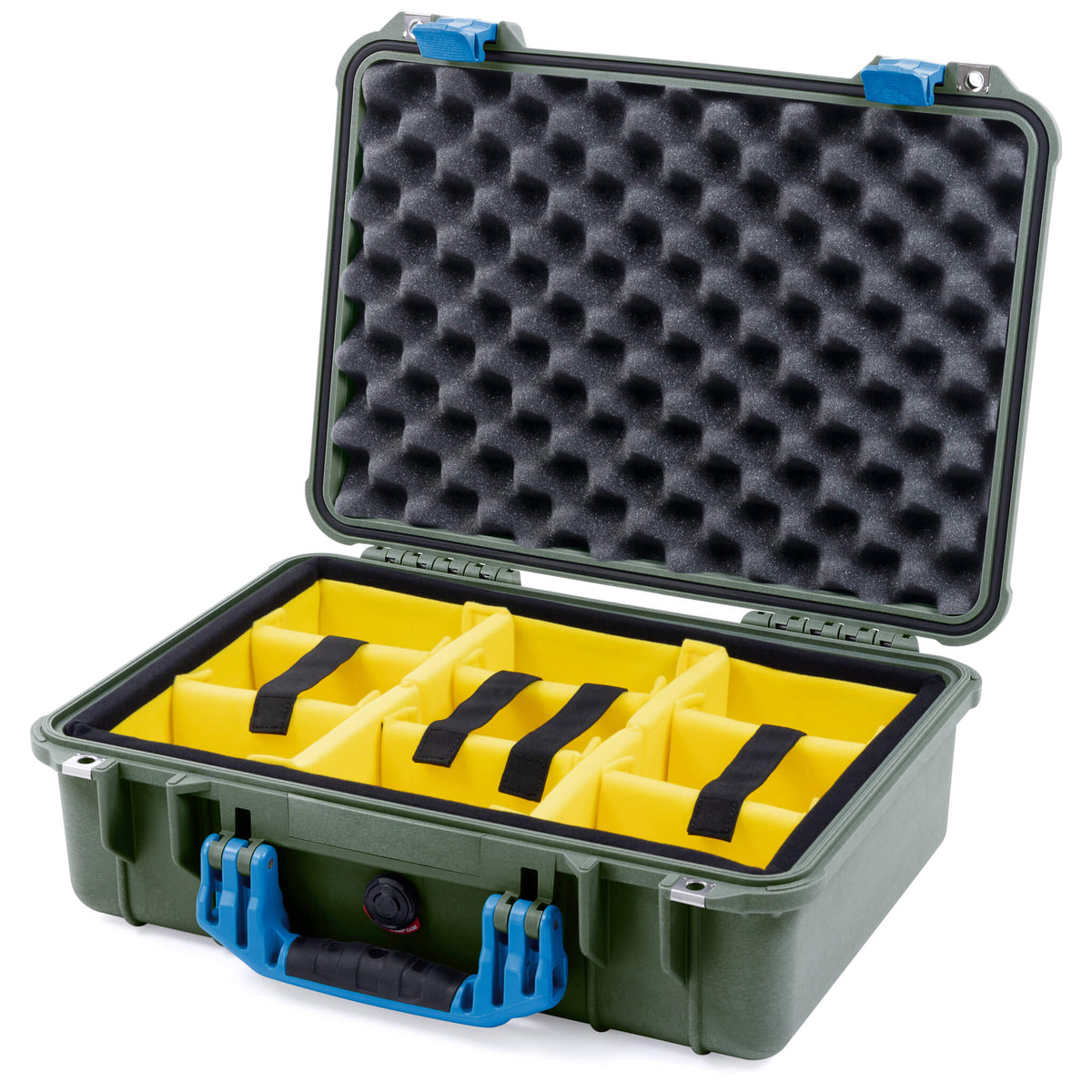 Pelican 1500 Case, OD Green with Blue Handle &amp; Latches Yellow Padded Microfiber Dividers with Convolute Lid Foam ColorCase 015000-0010-130-120