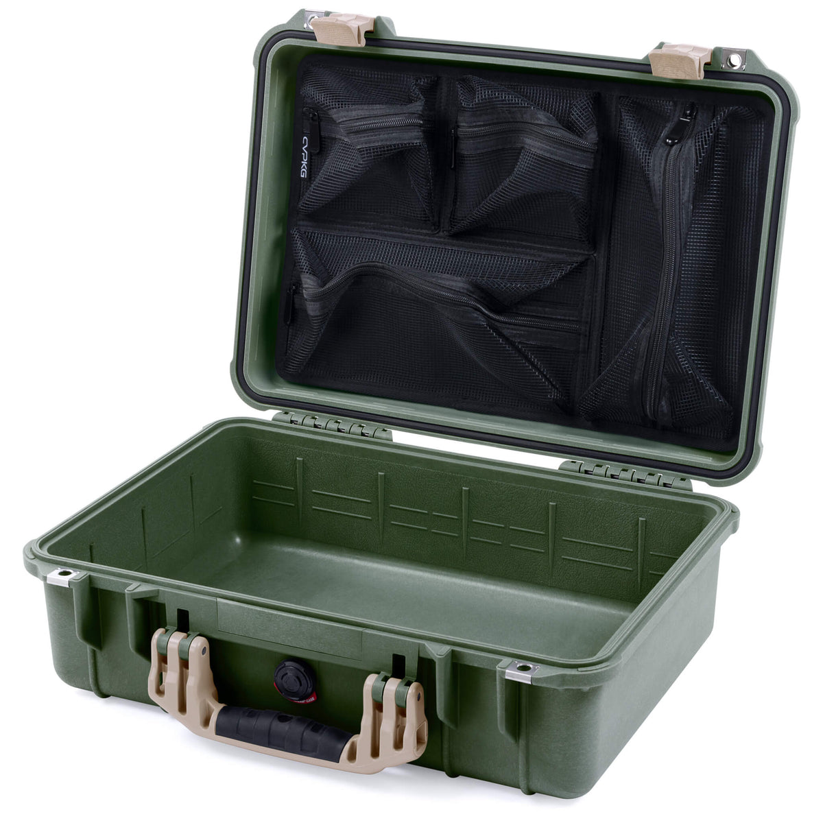 Pelican 1500 Case, OD Green with Desert Tan Handle &amp; Latches Mesh Lid Organizer Only ColorCase 015000-0100-130-310