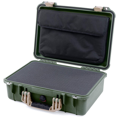 Pelican 1500 Case, OD Green with Desert Tan Handle & Latches Pick & Pluck Foam with Computer Pouch ColorCase 015000-0201-130-310