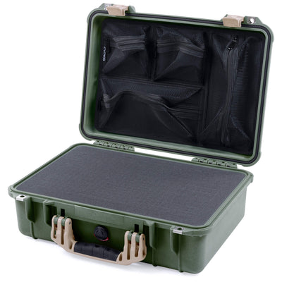 Pelican 1500 Case, OD Green with Desert Tan Handle & Latches Pick & Pluck Foam with Mesh Lid Organizer ColorCase 015000-0101-130-310