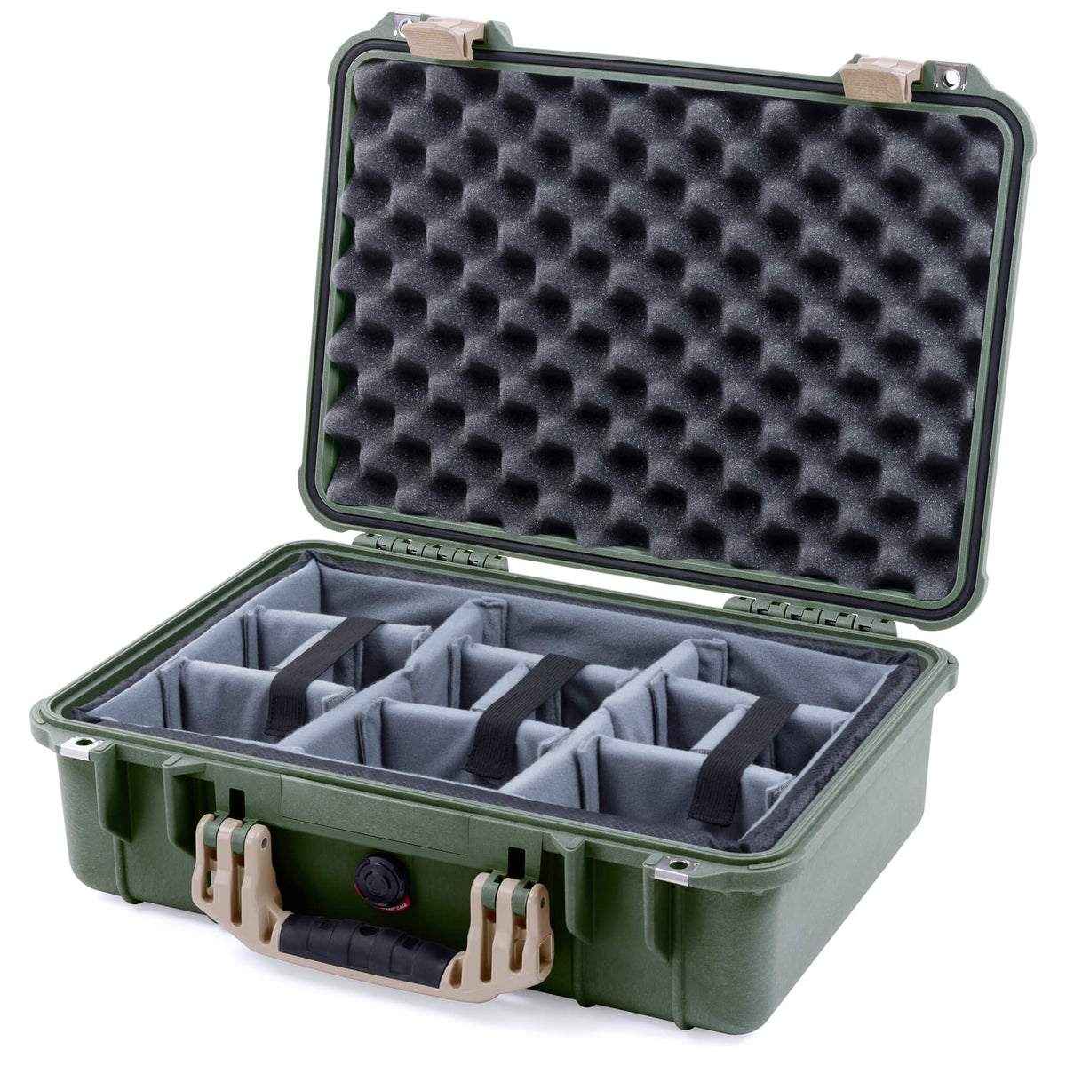 Pelican 1500 Case, OD Green with Desert Tan Handle &amp; Latches Gray Padded Microfiber Dividers with Convolute Lid Foam ColorCase 015000-0070-130-310