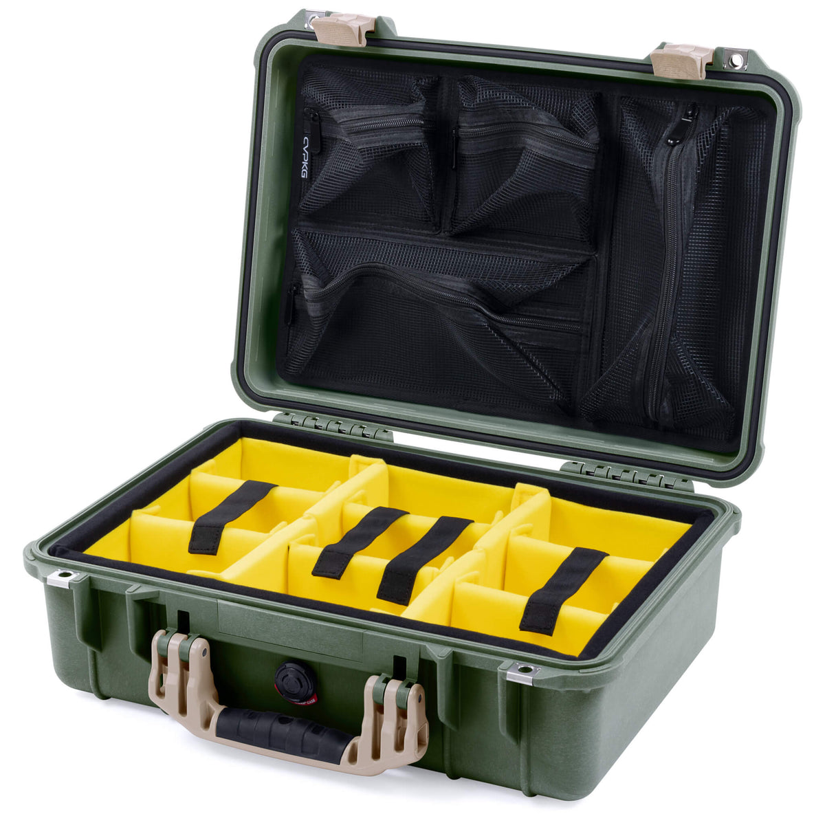 Pelican 1500 Case, OD Green with Desert Tan Handle &amp; Latches Yellow Padded Microfiber Dividers with Mesh Lid Organizer ColorCase 015000-0110-130-310