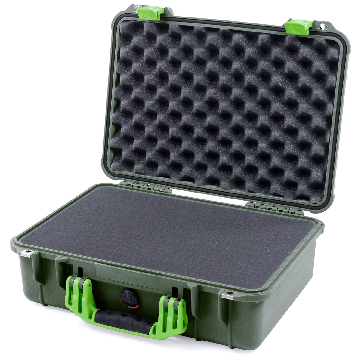 Pelican 1500 Case, OD Green with Lime Green Handle &amp; Latches Pick &amp; Pluck Foam with Convolute Lid Foam ColorCase 015000-0001-130-300