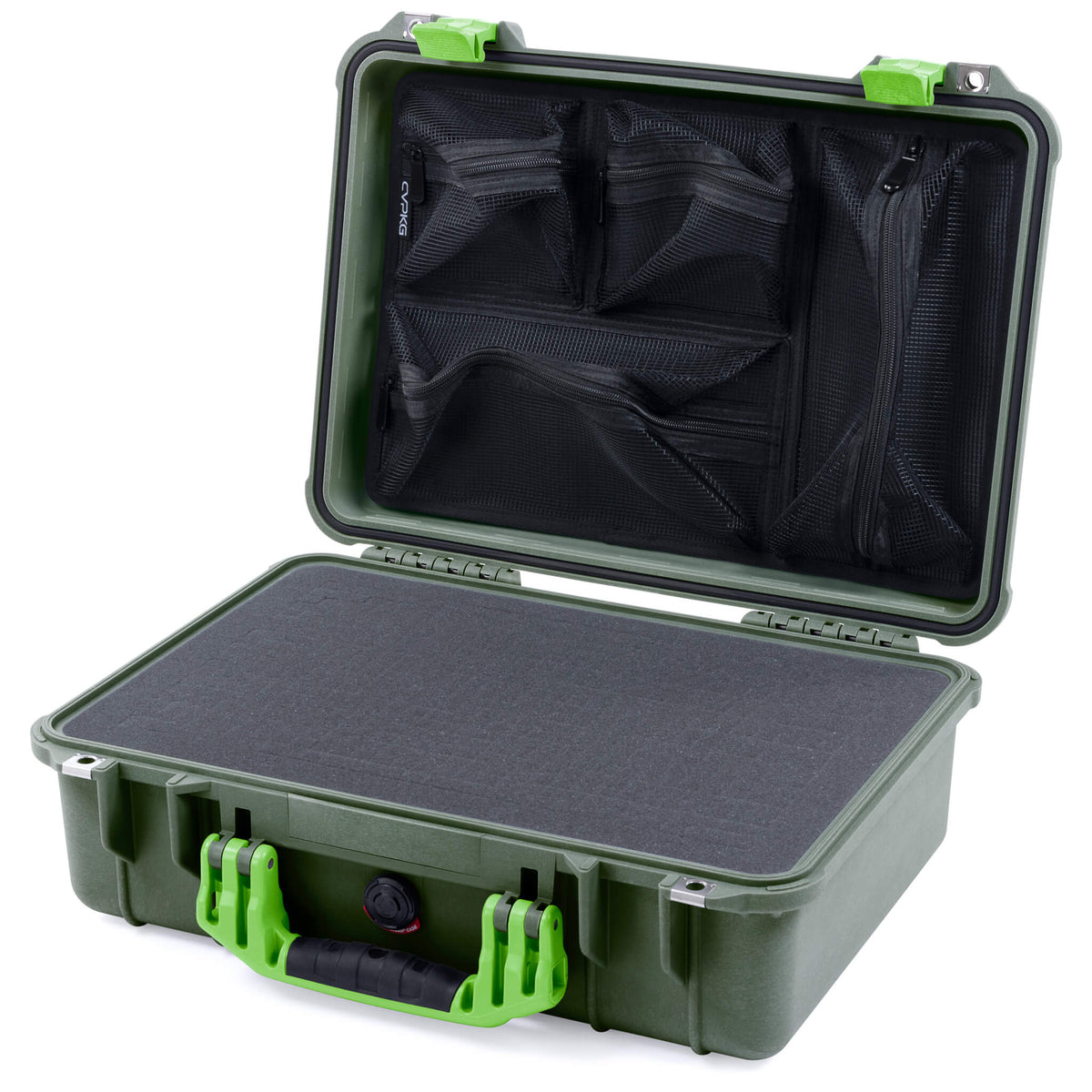 Pelican 1500 Case, OD Green with Lime Green Handle &amp; Latches Pick &amp; Pluck Foam with Mesh Lid Organizer ColorCase 015000-0101-130-300