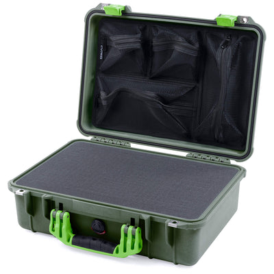 Pelican 1500 Case, OD Green with Lime Green Handle & Latches Pick & Pluck Foam with Mesh Lid Organizer ColorCase 015000-0101-130-300