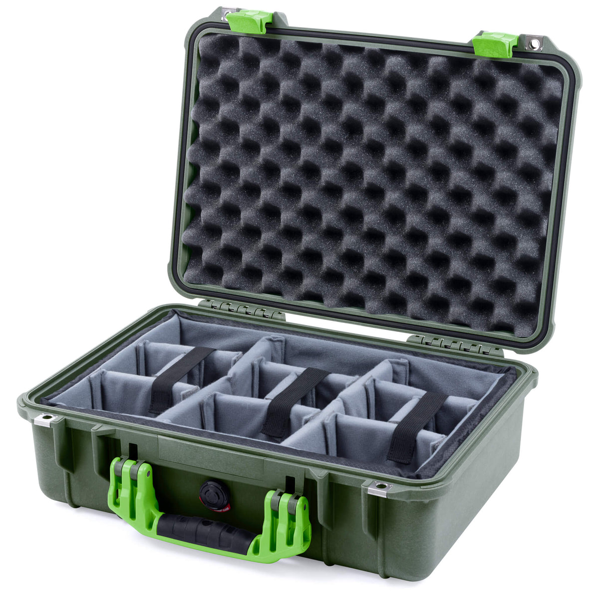 Pelican 1500 Case, OD Green with Lime Green Handle &amp; Latches Gray Padded Microfiber Dividers with Convolute Lid Foam ColorCase 015000-0070-130-300