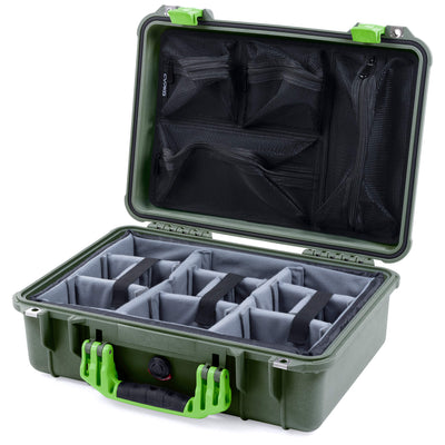 Pelican 1500 Case, OD Green with Lime Green Handle & Latches Gray Padded Microfiber Dividers with Mesh Lid Organizer ColorCase 015000-0170-130-300