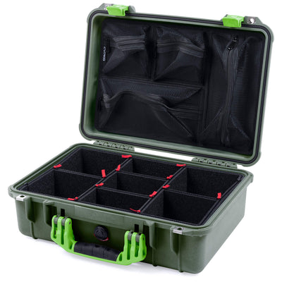Pelican 1500 Case, OD Green with Lime Green Handle & Latches TrekPak Divider System with Mesh Lid Organizer ColorCase 015000-0120-130-300