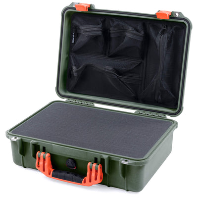 Pelican 1500 Case, OD Green with Orange Handle & Latches Pick & Pluck Foam with Mesh Lid Organizer ColorCase 015000-0101-130-150