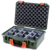 Pelican 1500 Case, OD Green with Orange Handle & Latches Gray Padded Microfiber Dividers with Convolute Lid Foam ColorCase 015000-0070-130-150