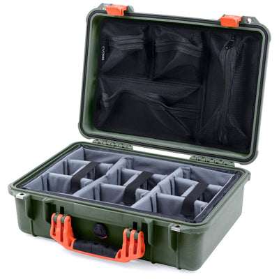 Pelican 1500 Case, OD Green with Orange Handle & Latches Gray Padded Microfiber Dividers with Mesh Lid Organizer ColorCase 015000-0170-130-150