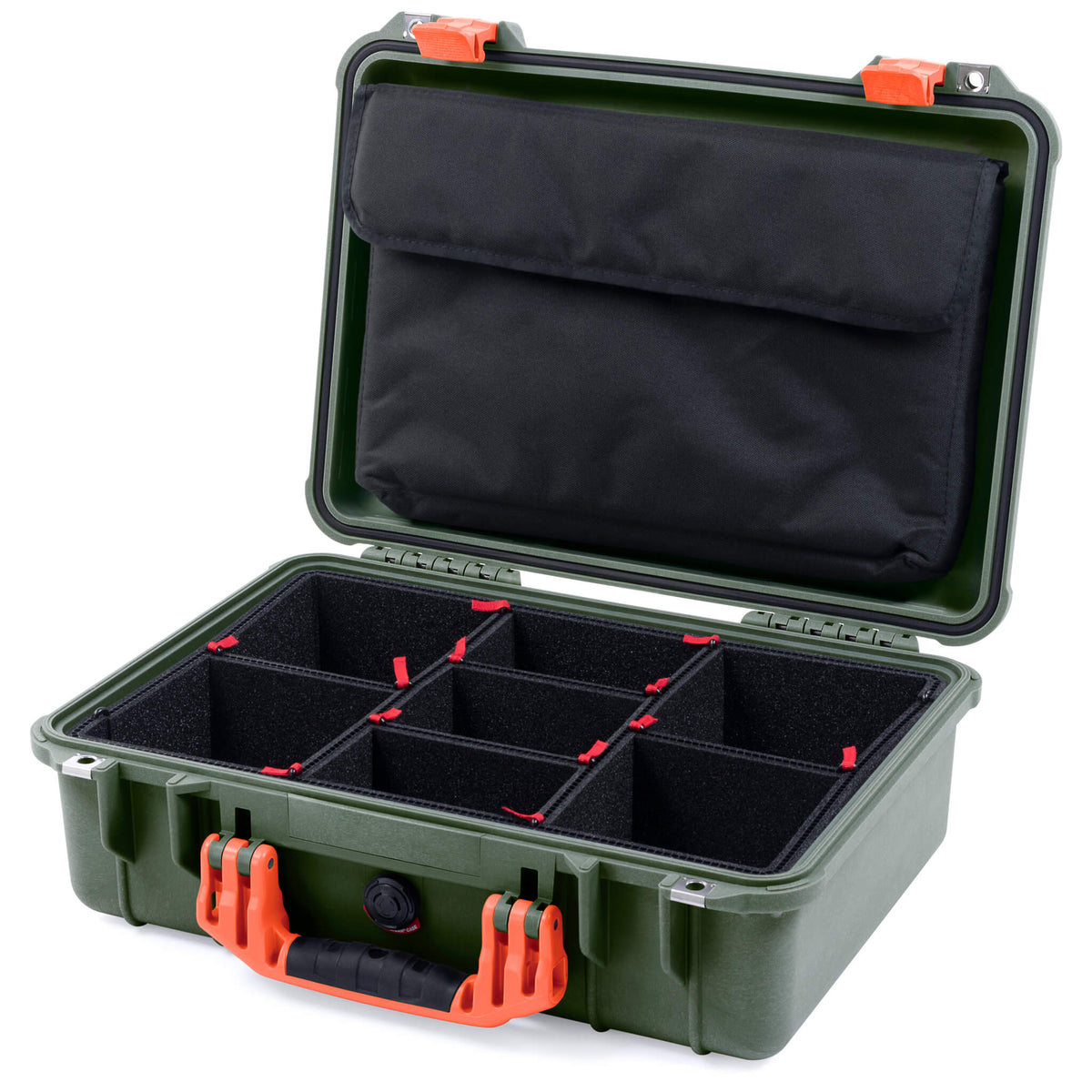 Pelican 1500 Case, OD Green with Orange Handle &amp; Latches TrekPak Divider System with Computer Pouch ColorCase 015000-0220-130-150