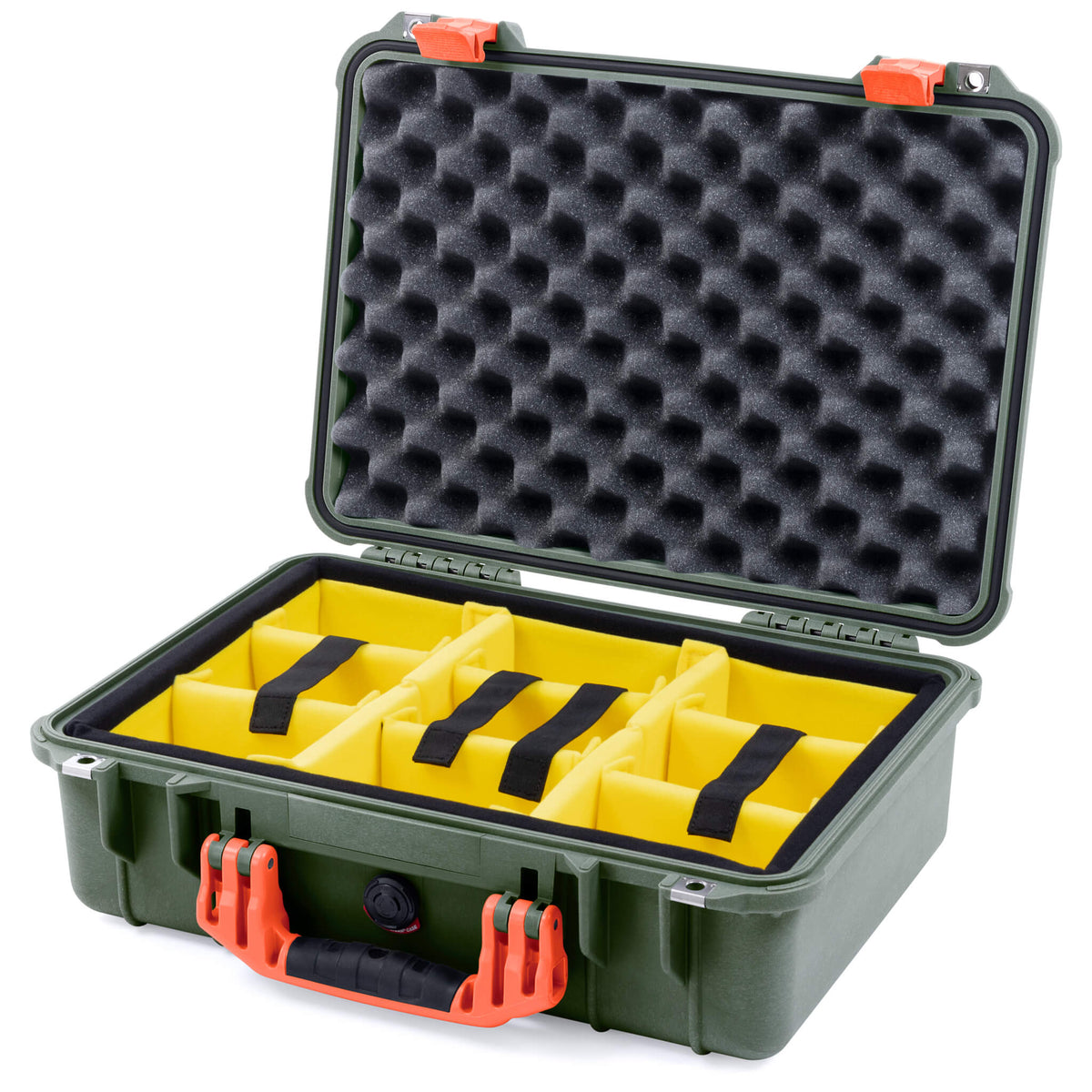 Pelican 1500 Case, OD Green with Orange Handle &amp; Latches Yellow Padded Microfiber Dividers with Convolute Lid Foam ColorCase 015000-0010-130-150