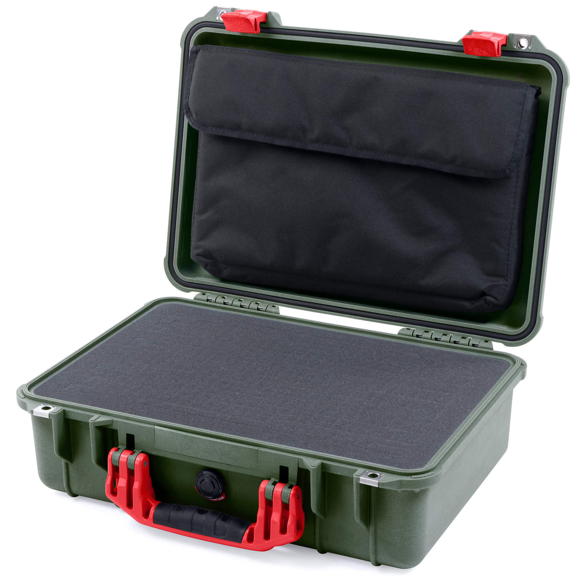 Pelican 1500 Case, OD Green with Red Handle &amp; Latches Pick &amp; Pluck Foam with Computer Pouch ColorCase 015000-0201-130-320