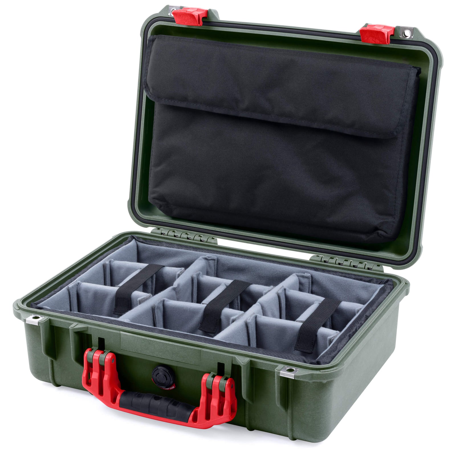 Pelican 1500 Case, OD Green with Red Handle & Latches Gray Padded Microfiber Dividers with Computer Pouch ColorCase 015000-0270-130-320