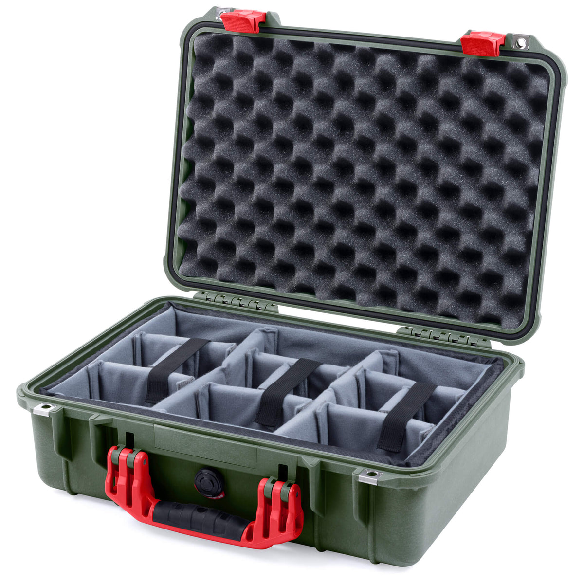 Pelican 1500 Case, OD Green with Red Handle &amp; Latches Gray Padded Microfiber Dividers with Convolute Lid Foam ColorCase 015000-0070-130-320