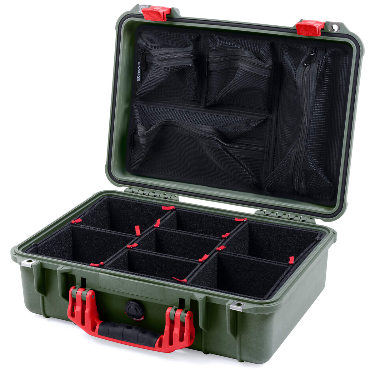 Pelican 1500 Case, OD Green with Red Handle &amp; Latches TrekPak Divider System with Mesh Lid Organizer ColorCase 015000-0120-130-320