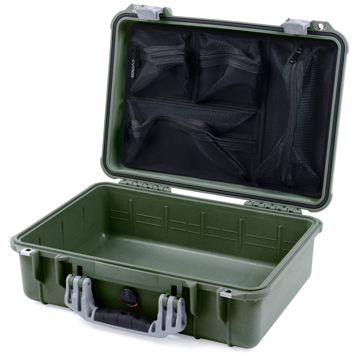 Pelican 1500 Case, OD Green with Silver Handle &amp; Latches Mesh Lid Organizer Only ColorCase 015000-0100-130-180