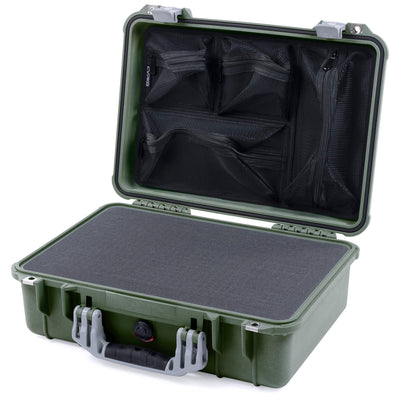 Pelican 1500 Case, OD Green with Silver Handle & Latches Pick & Pluck Foam with Mesh Lid Organizer ColorCase 015000-0101-130-180