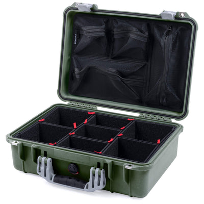 Pelican 1500 Case, OD Green with Silver Handle & Latches TrekPak Divider System with Mesh Lid Organizer ColorCase 015000-0120-130-180