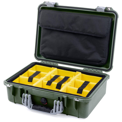 Pelican 1500 Case, OD Green with Silver Handle & Latches Yellow Padded Microfiber Dividers with Computer Pouch ColorCase 015000-0210-130-180
