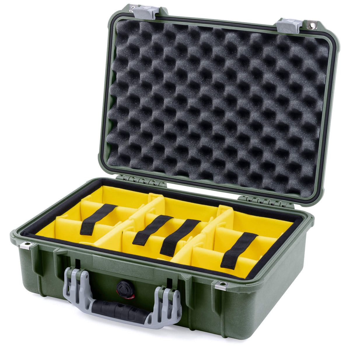 Pelican 1500 Case, OD Green with Silver Handle &amp; Latches Yellow Padded Microfiber Dividers with Convolute Lid Foam ColorCase 015000-0010-130-180
