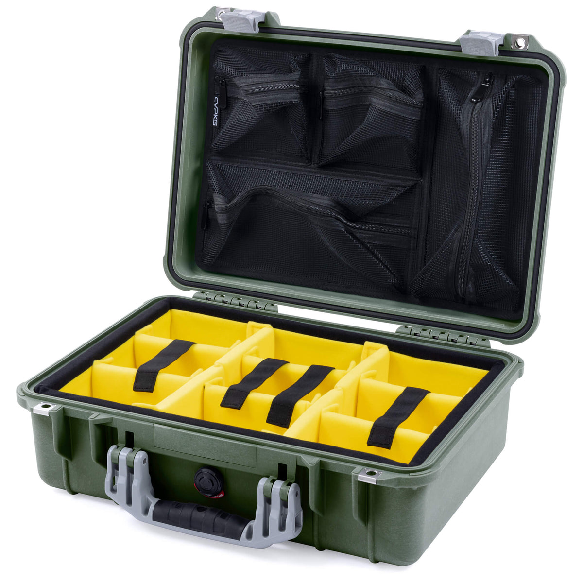 Pelican 1500 Case, OD Green with Silver Handle &amp; Latches Yellow Padded Microfiber Dividers with Mesh Lid Organizer ColorCase 015000-0110-130-180