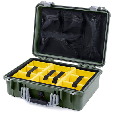 Pelican 1500 Case, OD Green with Silver Handle & Latches Yellow Padded Microfiber Dividers with Mesh Lid Organizer ColorCase 015000-0110-130-180