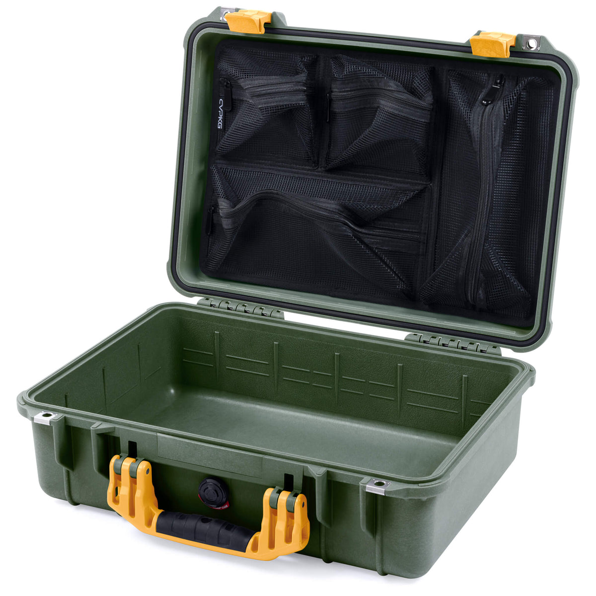 Pelican 1500 Case, OD Green with Yellow Handle &amp; Latches Mesh Lid Organizer Only ColorCase 015000-0100-130-240