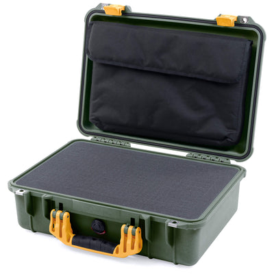 Pelican 1500 Case, OD Green with Yellow Handle & Latches Pick & Pluck Foam with Computer Pouch ColorCase 015000-0201-130-240