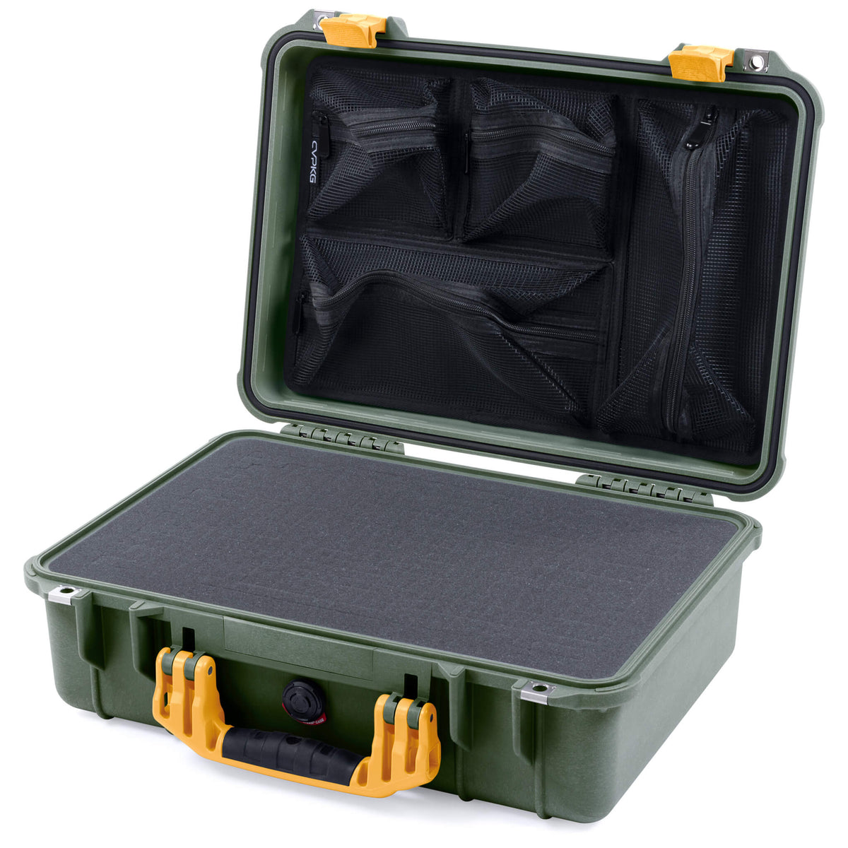 Pelican 1500 Case, OD Green with Yellow Handle &amp; Latches Pick &amp; Pluck Foam with Mesh Lid Organizer ColorCase 015000-0101-130-240