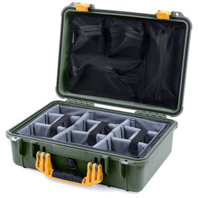 Pelican 1500 Case, OD Green with Yellow Handle & Latches Gray Padded Microfiber Dividers with Mesh Lid Organizer ColorCase 015000-0170-130-240