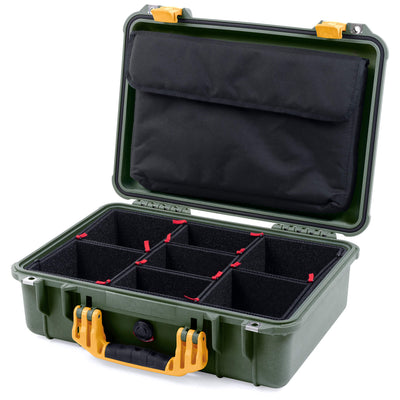 Pelican 1500 Case, OD Green with Yellow Handle & Latches TrekPak Divider System with Computer Pouch ColorCase 015000-0220-130-240