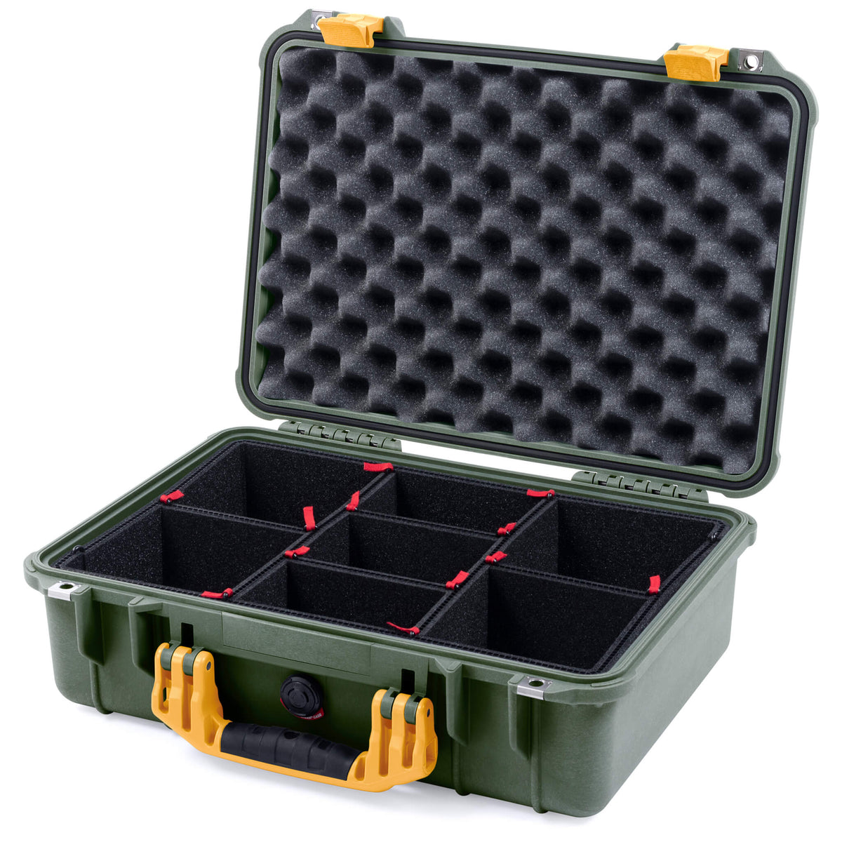 Pelican 1500 Case, OD Green with Yellow Handle &amp; Latches TrekPak Divider System with Convolute Lid Foam ColorCase 015000-0020-130-240