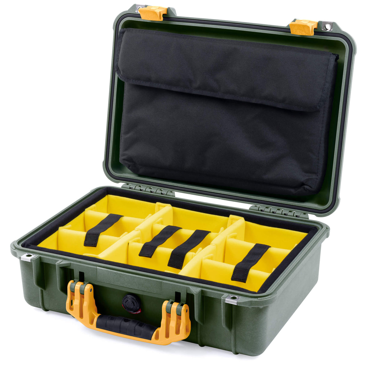 Pelican 1500 Case, OD Green with Yellow Handle &amp; Latches Yellow Padded Microfiber Dividers with Computer Pouch ColorCase 015000-0210-130-240