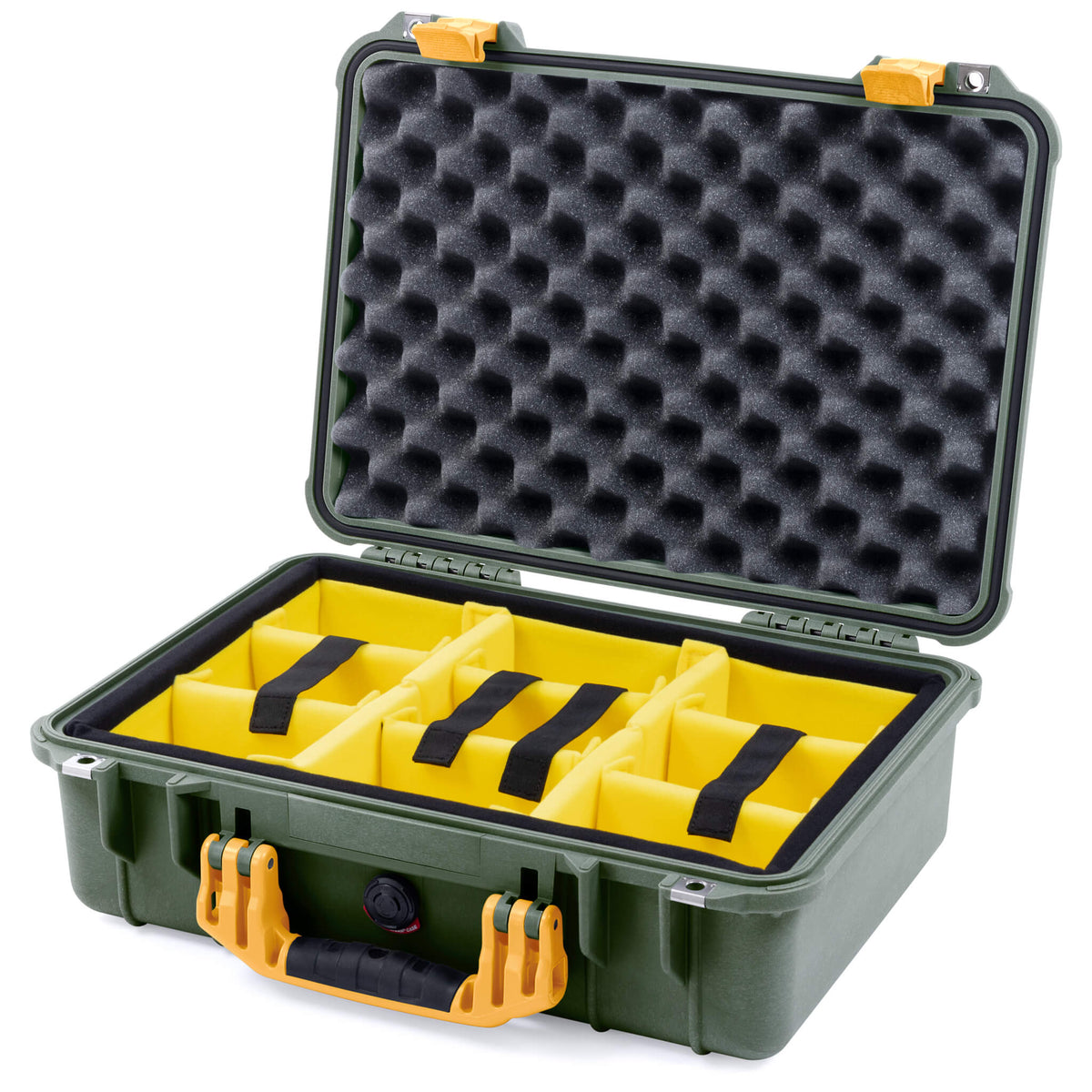 Pelican 1500 Case, OD Green with Yellow Handle &amp; Latches Yellow Padded Microfiber Dividers with Convolute Lid Foam ColorCase 015000-0010-130-240