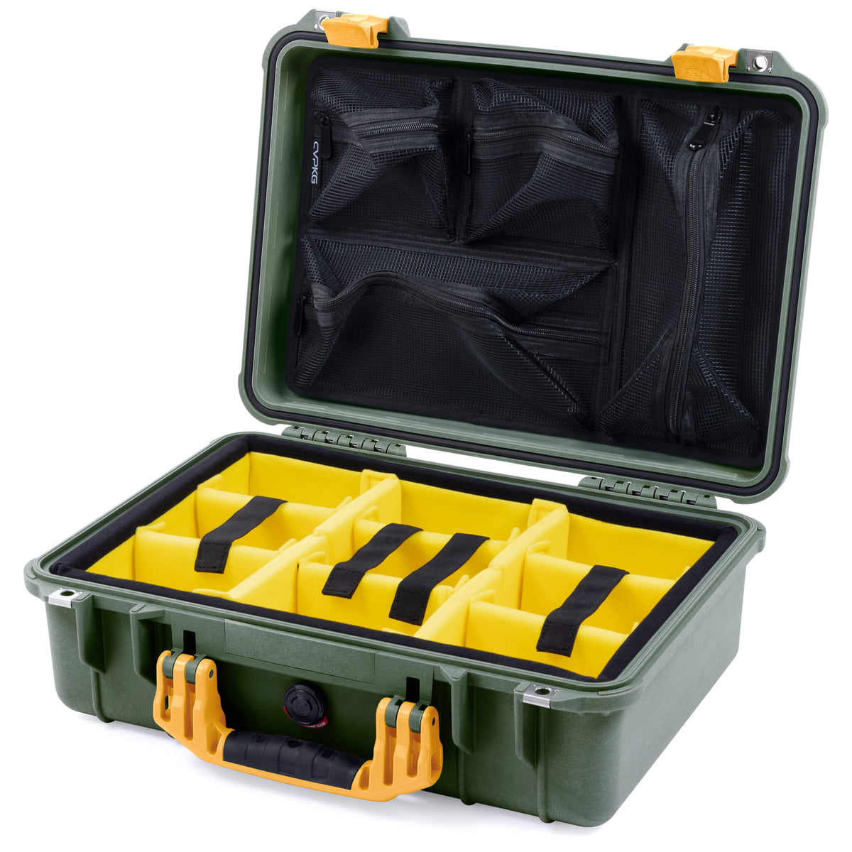 Pelican 1500 Case, OD Green with Yellow Handle &amp; Latches Yellow Padded Microfiber Dividers with Mesh Lid Organizer ColorCase 015000-0110-130-240