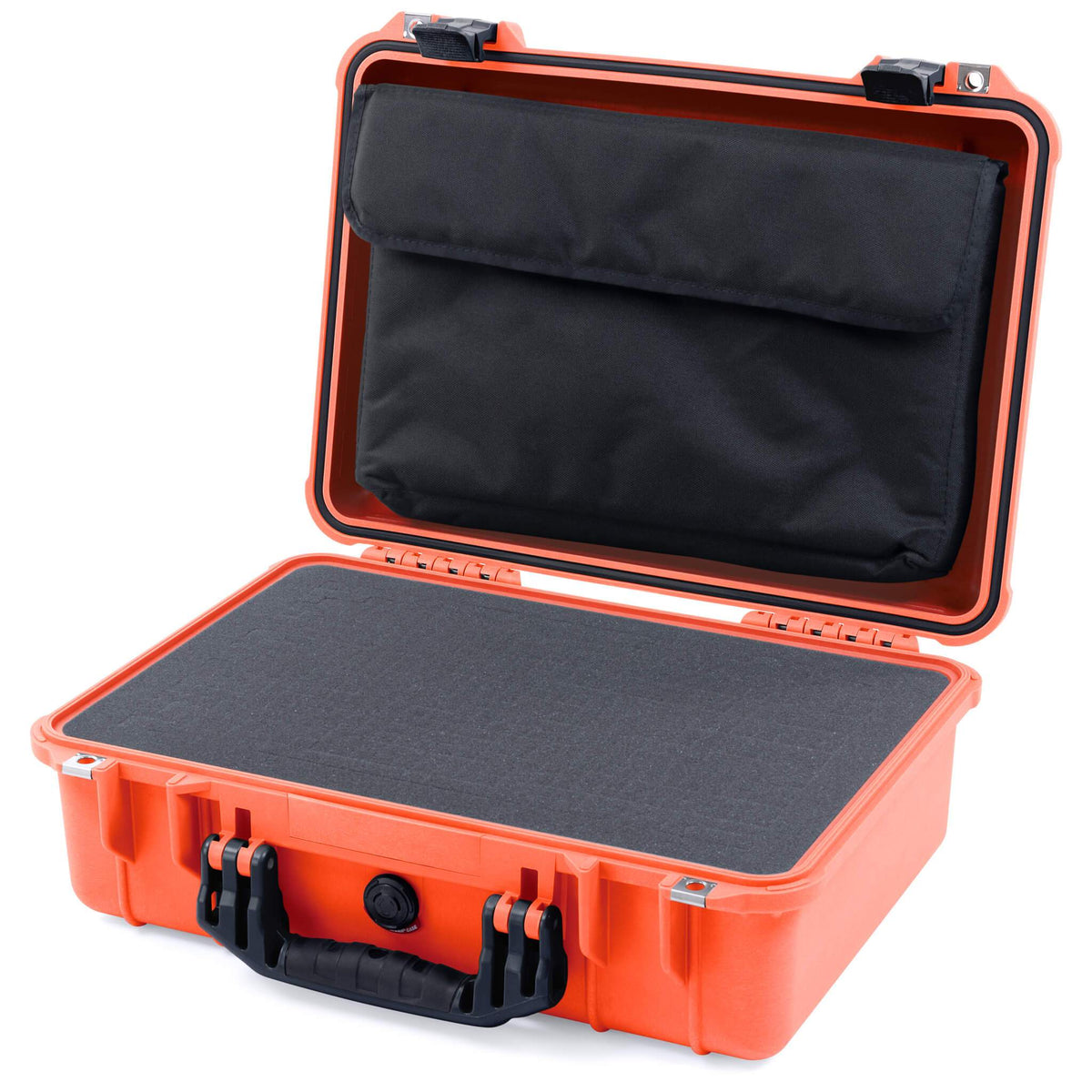 Pelican 1500 Case, Orange with Black Handle &amp; Latches Pick &amp; Pluck Foam with Computer Pouch ColorCase 015000-0201-150-110