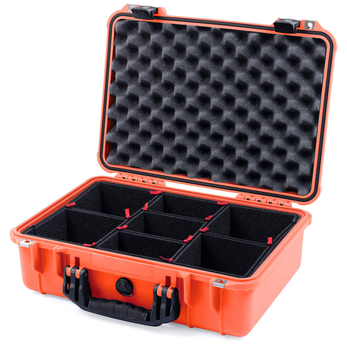 Pelican 1500 Case, Orange with Black Handle &amp; Latches TrekPak Divider System with Convolute Lid Foam ColorCase 015000-0020-150-110