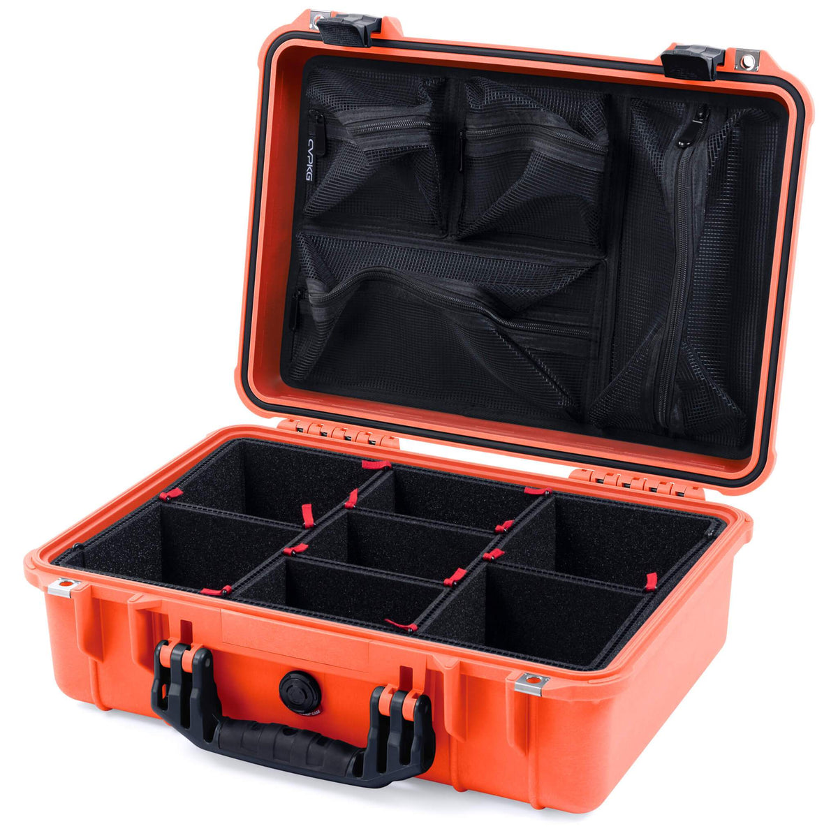 Pelican 1500 Case, Orange with Black Handle &amp; Latches TrekPak Divider System with Mesh Lid Organizer ColorCase 015000-0120-150-110