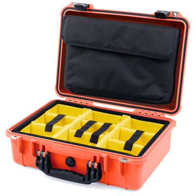 Pelican 1500 Case, Orange with Black Handle & Latches Yellow Padded Microfiber Dividers with Computer Pouch ColorCase 015000-0210-150-110