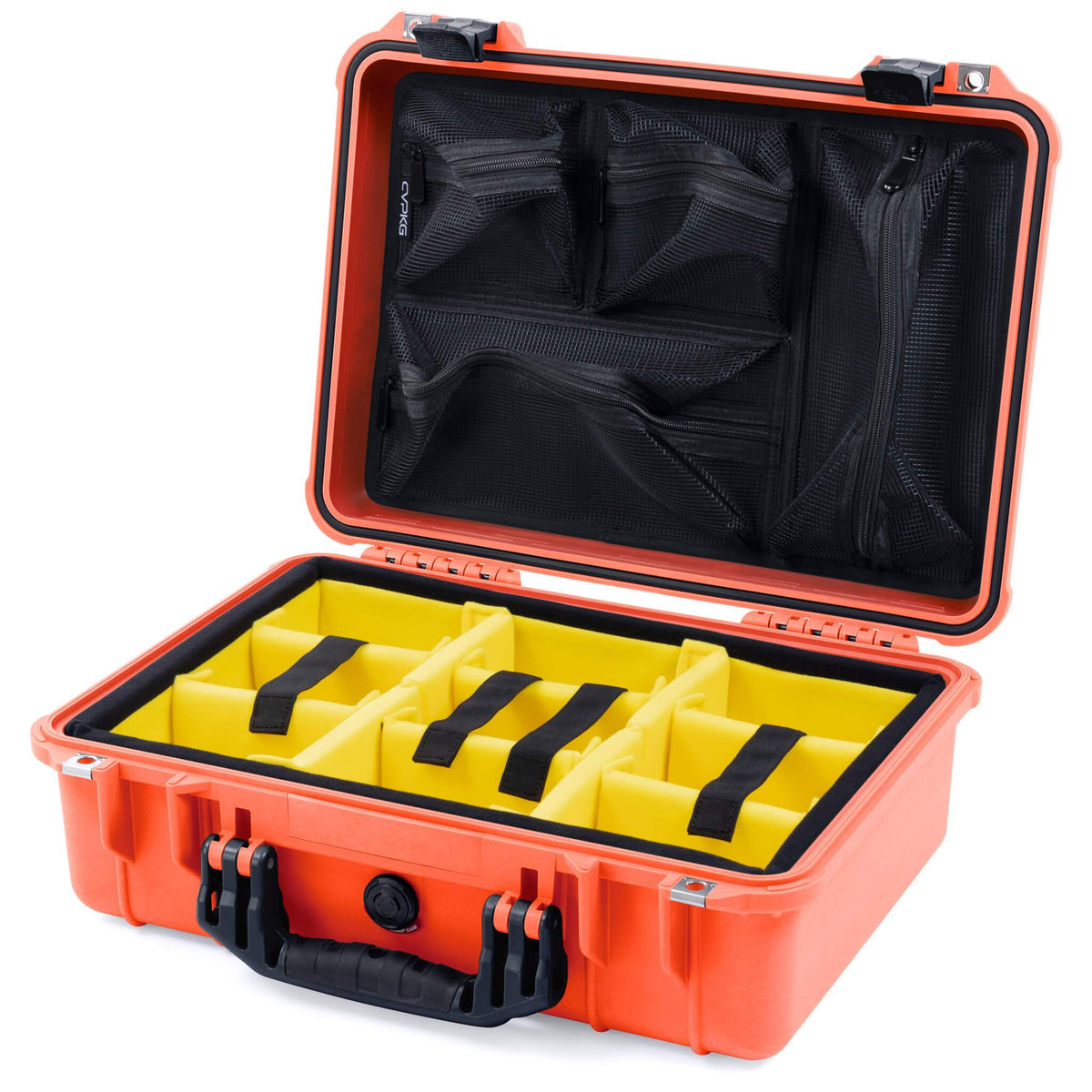 Pelican 1500 Case, Orange with Black Handle &amp; Latches Yellow Padded Microfiber Dividers with Mesh Lid Organizer ColorCase 015000-0110-150-110