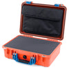 Pelican 1500 Case, Orange with Blue Handle & Latches Pick & Pluck Foam with Computer Pouch ColorCase 015000-0201-150-120