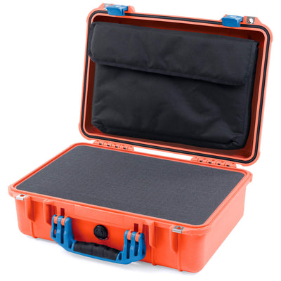 Pelican 1500 Case, Orange with Blue Handle & Latches Pick & Pluck Foam with Computer Pouch ColorCase 015000-0201-150-120