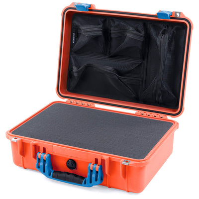 Pelican 1500 Case, Orange with Blue Handle & Latches Pick & Pluck Foam with Mesh Lid Organizer ColorCase 015000-0101-150-120
