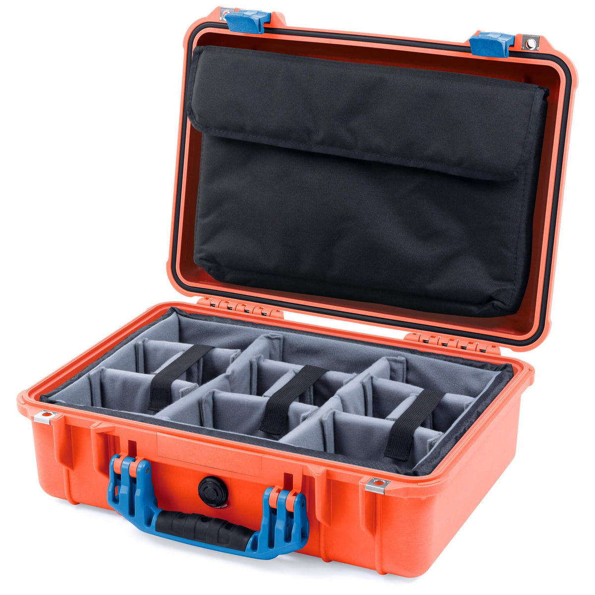 Pelican 1500 Case, Orange with Blue Handle &amp; Latches Gray Padded Microfiber Dividers with Computer Pouch ColorCase 015000-0270-150-120