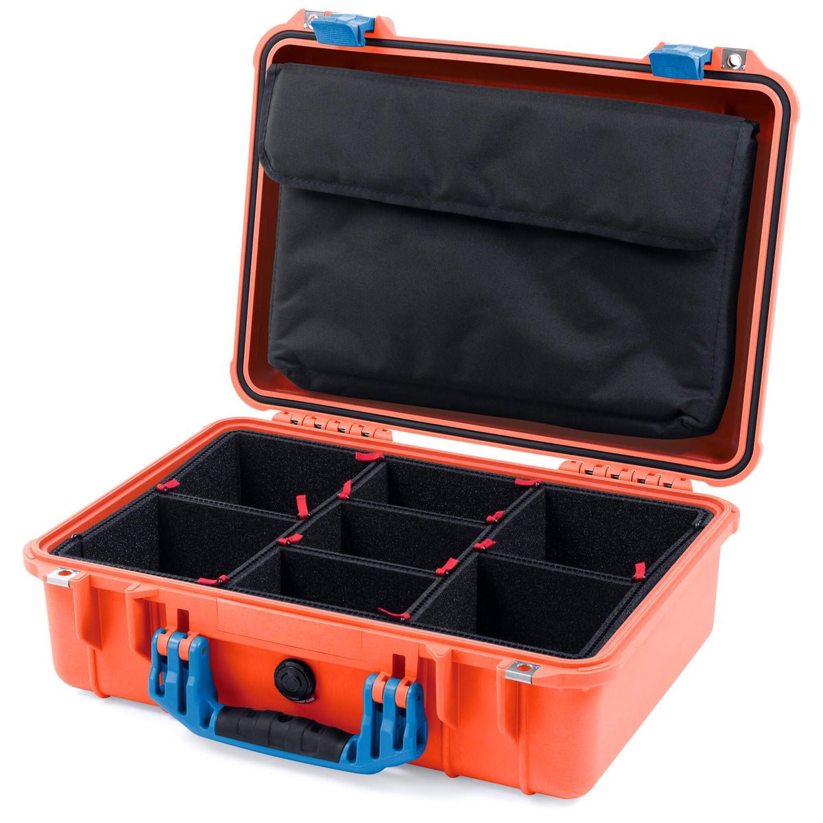 Pelican 1500 Case, Orange with Blue Handle &amp; Latches TrekPak Divider System with Computer Pouch ColorCase 015000-0220-150-120
